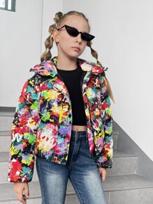 SHEIN Abrigo acolchado con capucha estampado de manchas de tinta para niñas preadolescentes - Multicolor - Ver 3