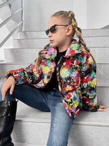 SHEIN Abrigo acolchado con capucha estampado de manchas de tinta para niñas preadolescentes - Multicolor - Ver 1