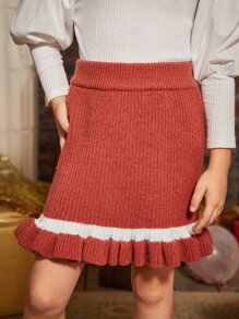 Niñas Falda de punto de rayas bajo con fruncido - Óxido marrón - Ver 1