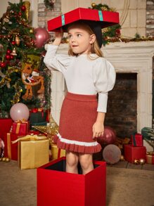 Niñas Falda de punto de rayas bajo con fruncido - Óxido marrón - Ver 3