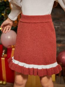 Niñas Falda de punto de rayas bajo con fruncido - Óxido marrón - Ver 5