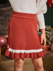 Niñas Falda de punto de rayas bajo con fruncido - Óxido marrón - Ver 6