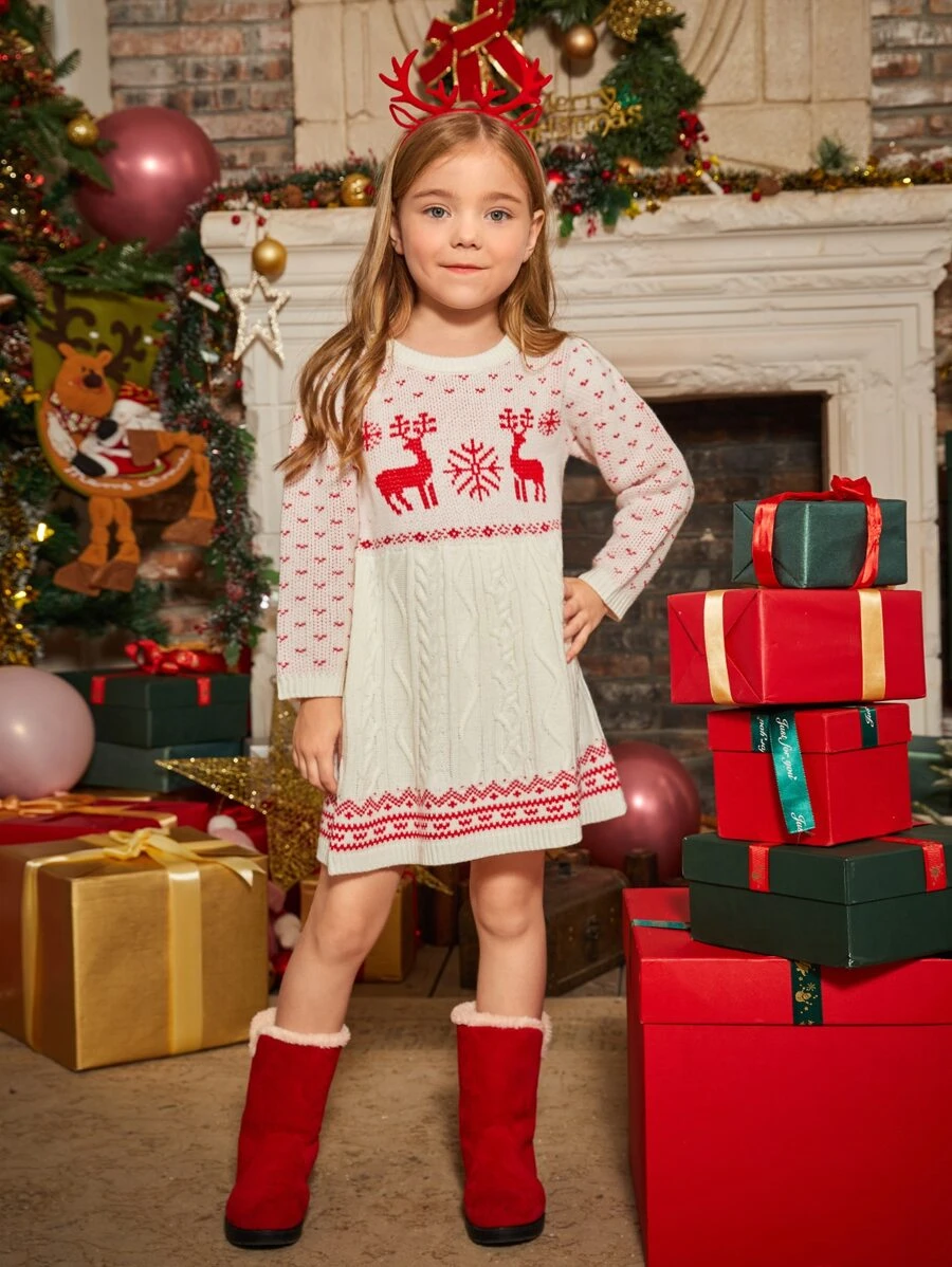 SHEIN 女小童小鹿&幾何圖案毛衣洋裝 - 彩色 - 查看 1