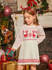 SHEIN 女小童小鹿&幾何圖案毛衣洋裝 - 彩色 - 查看 3