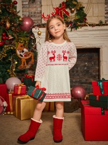 SHEIN 女小童小鹿&幾何圖案毛衣洋裝 - 彩色 - 查看 5