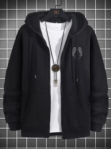 Manfinity EMRG Men Wings And Letter Graphic Zip Up Drawstring Hoodie Without Tee - Black - View 2