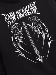 Manfinity EMRG Men Wings And Letter Graphic Zip Up Drawstring Hoodie Without Tee - Black - View 5