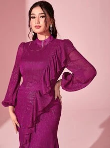 Modelyn 小高領荷葉邊燈籠袖洋裝 - 中紫紅色 - 查看 3