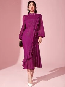 Modelyn 小高領荷葉邊燈籠袖洋裝 - 中紫紅色 - 查看 5