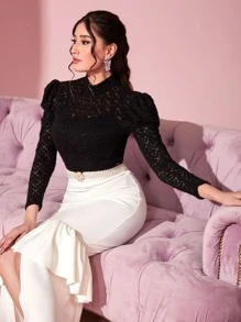 Modelyn Mock Neck Gigot Sleeve Lace Top - Black - View 2