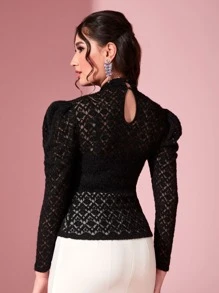 Modelyn Mock Neck Gigot Sleeve Lace Top - Black - View 3