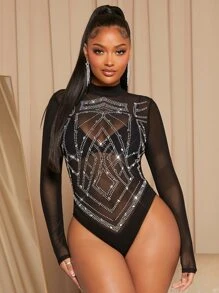 SHEIN SXY Áo liền quần ôm nữ Pha lê kim cương màu trơn Buổi tiệc - màu đen - Xem 1