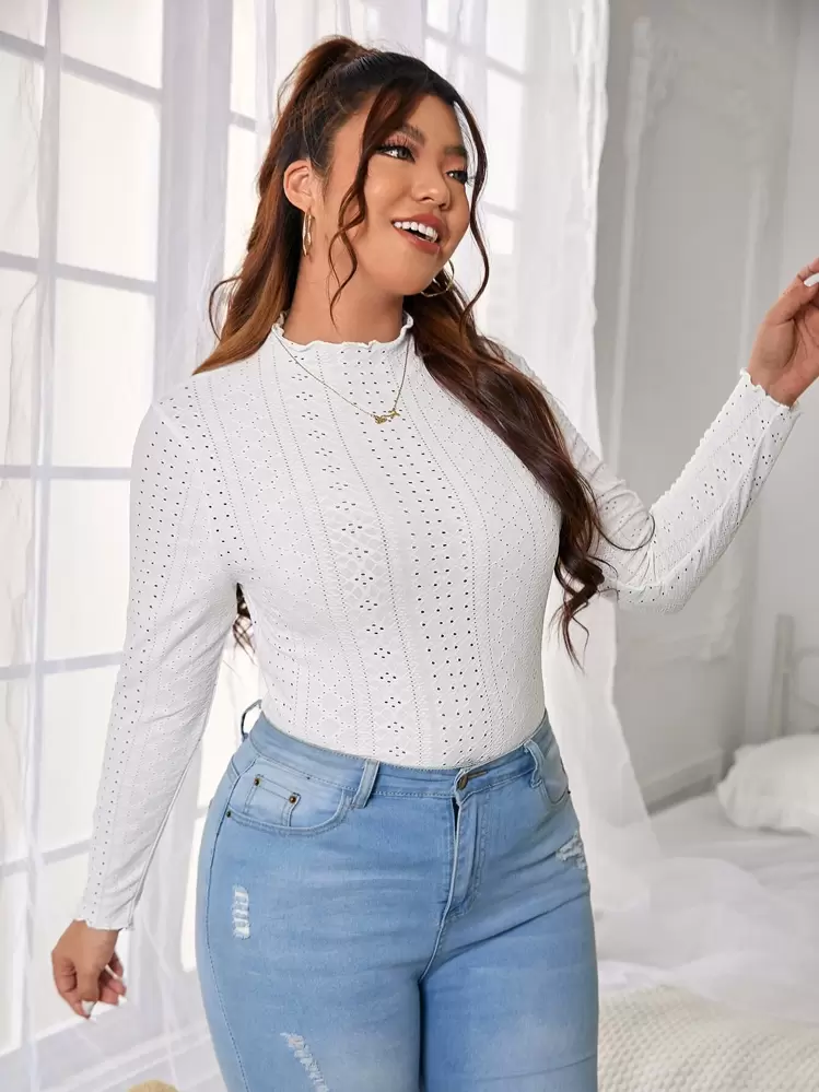 SHEIN Essnce Plus Solid Eyelet Embroidery Lettuce Trim Tee - White - View 1