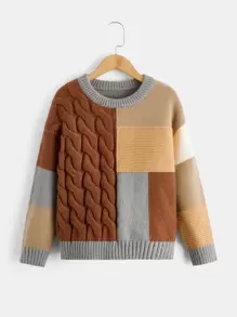 男孩麻花編織撞色套頭毛衣 - 彩色 - 查看 1