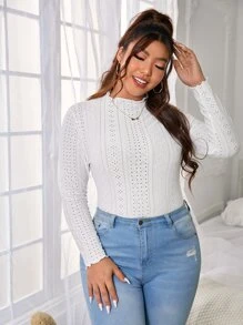 SHEIN Essnce Áo thun Plus size Xù nhỏ Tranh thêu màu trơn Giải trí - trắng - Xem 3