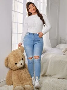 SHEIN Essnce Áo thun Plus size Xù nhỏ Tranh thêu màu trơn Giải trí - trắng - Xem 5