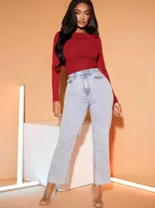 SHEIN SXY Camiseta unicolor fruncido forma ajustada - Rojo - Ver 5