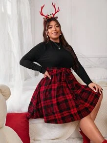 SHEIN EZwear Đầm Plus Size Thắt lưng Sọc ca rô Thanh lịch - Nhiều màu - Xem 3