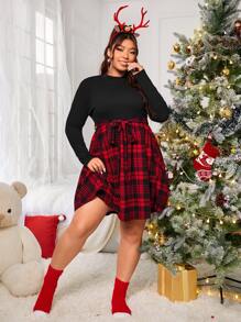 SHEIN EZwear Đầm Plus Size Thắt lưng Sọc ca rô Thanh lịch - Nhiều màu - Xem 5