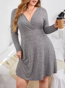 SHEIN Essnce Plus Marled Knit Surplice Neck Dress - Grey - View 1