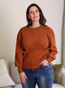 EMERY ROSE Jersey unicolor de manga obispo - Naranja Quemada - Ver 5