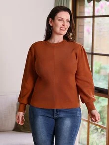 EMERY ROSE Jersey unicolor de manga obispo - Naranja Quemada - Ver 3