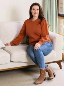 EMERY ROSE Jersey unicolor de manga obispo - Naranja Quemada - Ver 4