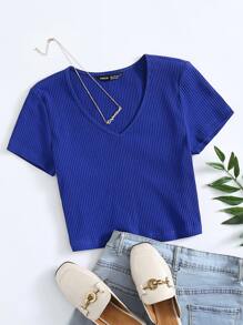 SHEIN EZwear Áo thun Plus size Gân đan màu trơn Giải trí - Xanh đậm - Xem 1