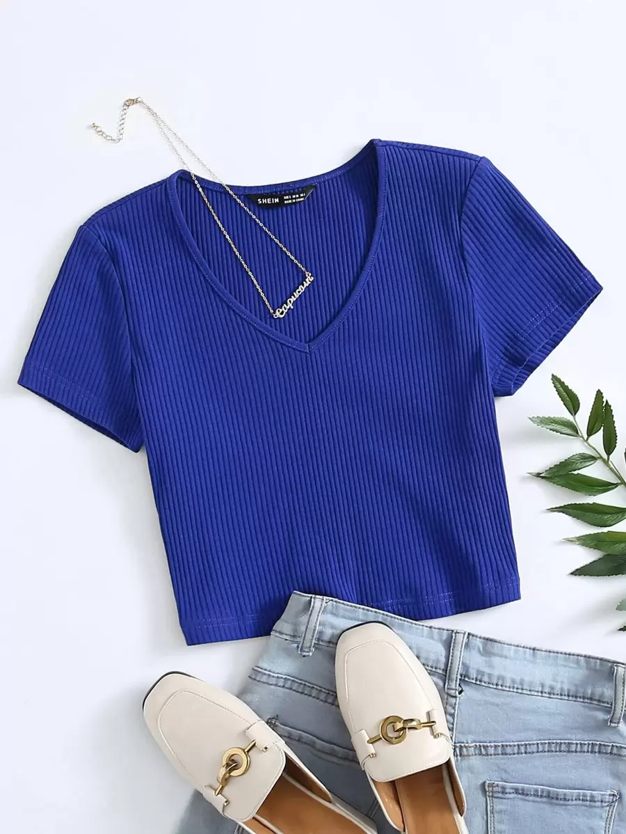 SHEIN EZwear Áo thun Plus size Gân đan màu trơn Giải trí - Xanh đậm - Xem 1