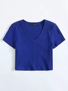 SHEIN EZwear Áo thun Plus size Gân đan màu trơn Giải trí - Xanh đậm - Xem 3