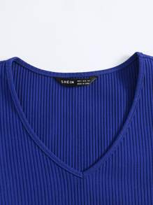 SHEIN EZwear Áo thun Plus size Gân đan màu trơn Giải trí - Xanh đậm - Xem 4