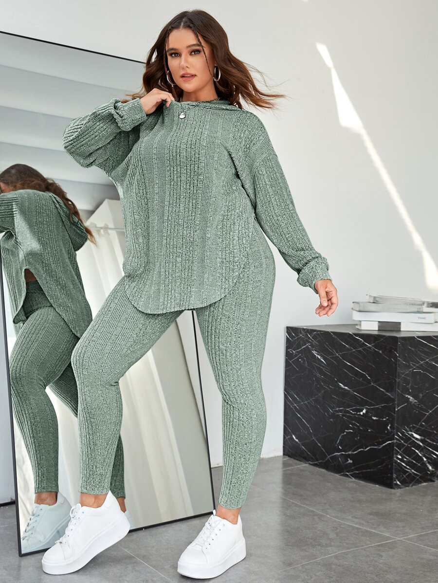 SHEIN Essnce Sudadera con capucha de hombros caídos & Leggings - verde menta - Ver 1