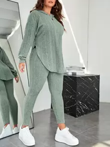 SHEIN Essnce Sudadera con capucha de hombros caídos & Leggings - verde menta - Ver 5