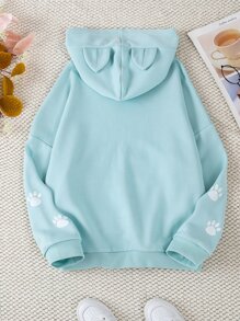 少女貓咪卡通與口號的3d耳朵連帽衛衣