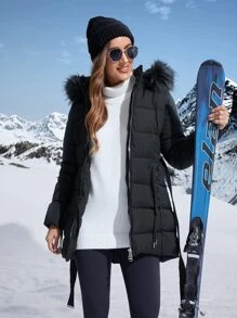 Anewsta Women's Solid Color Zip Front Furry Hooded Padded Coat, Winter - Black - View 1