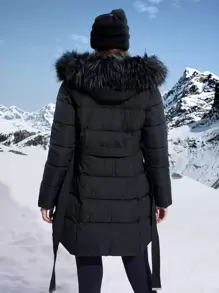 Anewsta Women's Solid Color Zip Front Furry Hooded Padded Coat, Winter - Black - View 2