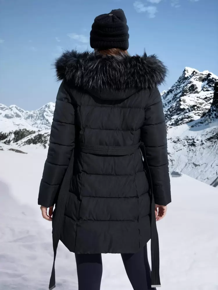 Women's Solid Color Zip Front Furry Hooded Padded Coat, Winter