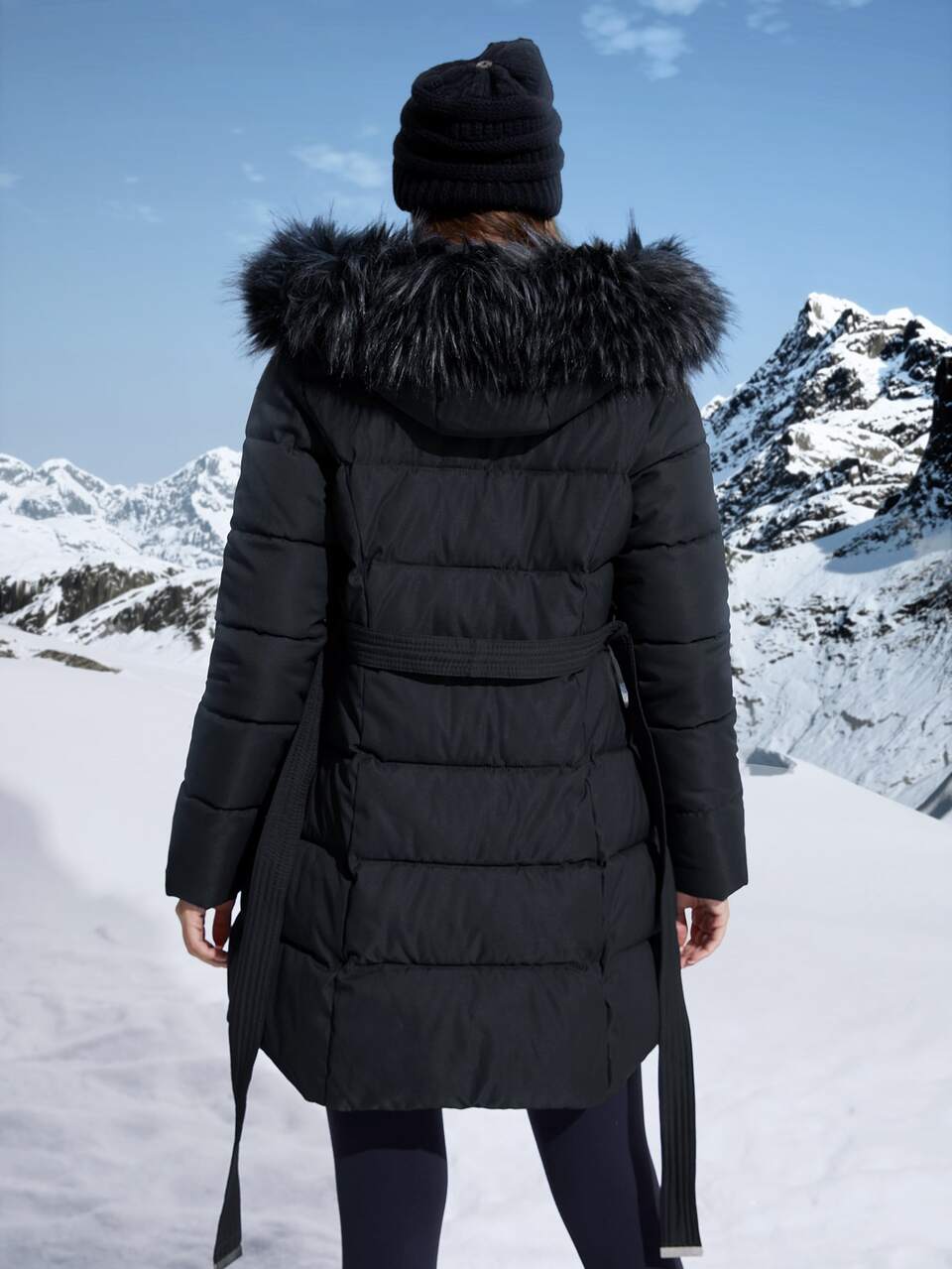 Women's Solid Color Zip Front Furry Hooded Padded Coat, Winter