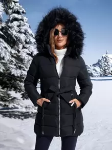 Anewsta Women's Solid Color Zip Front Furry Hooded Padded Coat, Winter - Black - View 3