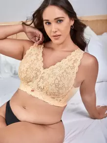Plus Floral Lace Rhinestone Detail Bralet - Apricot - View 1