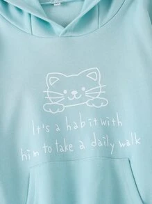 少女貓咪卡通與口號的3d耳朵連帽衛衣