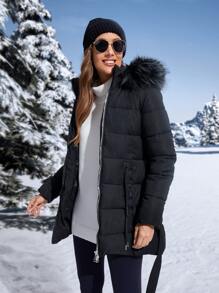 Anewsta Women's Solid Color Zip Front Furry Hooded Padded Coat, Winter - Black - View 4