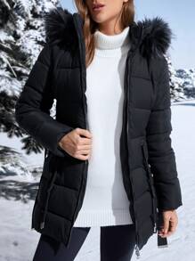 Anewsta Women's Solid Color Zip Front Furry Hooded Padded Coat, Winter - Black - View 5