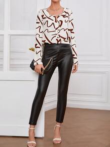 SHEIN Privé Allover Print Notch Neck Blouse - Multicolor - View 3