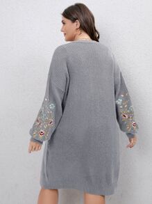 SHEIN LUNE Plus Floral Embroidered Drop Shoulder Duster Cardigan - Grey - View 2