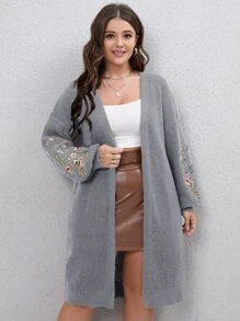 SHEIN LUNE Plus Floral Embroidered Drop Shoulder Duster Cardigan - Grey - View 5
