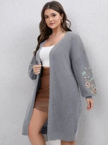 SHEIN LUNE Plus Floral Embroidered Drop Shoulder Duster Cardigan - Grey - View 6