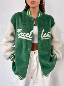 SHEIN Unity Women's Letter Pattern Drop Shoulder Long Sleeve Single-Breasted Casual Baseball Jacket, Autumn/Winter - Green - View 1