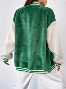 SHEIN Unity Women's Letter Pattern Drop Shoulder Long Sleeve Single-Breasted Casual Baseball Jacket, Autumn/Winter - Green - View 2