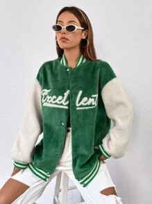 SHEIN Unity Women's Letter Pattern Drop Shoulder Long Sleeve Single-Breasted Casual Baseball Jacket, Autumn/Winter - Green - View 3
